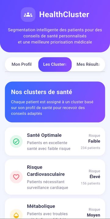 Écran Clusters de l'application HealthCluster