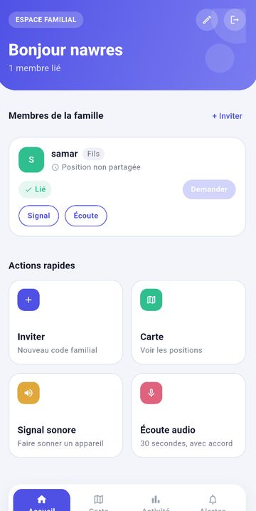 Écran Espace familial de l'application Locate My Kids
