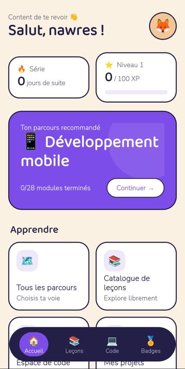 Écran Accueil de l'application LearningKids